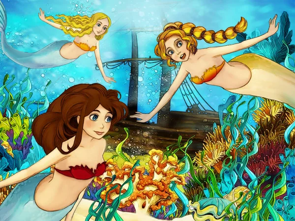 Cartoon Scene Coral Reef Animals Underwater Swimming Mermaid Illustration Children — Stock Photo, Image
