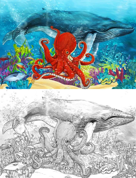 Cartoon Scene Whale Octopus Coral Reef Illustration Children — Stock Photo, Image