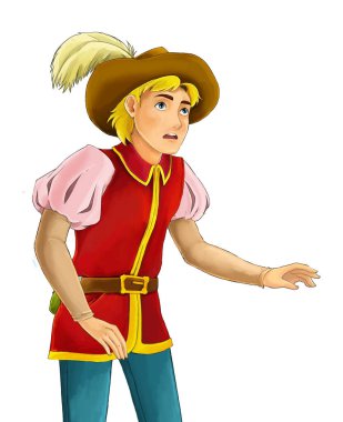 Seyir ve gülümseyen - çocuklar için illüstrasyon karikatür Ortaçağ karakteri - soylu ayakta konuşan açıklayan - mutlu prens