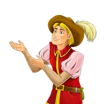 Seyir ve gülümseyen - çocuklar için illüstrasyon karikatür Ortaçağ karakteri - soylu ayakta konuşan açıklayan - mutlu prens