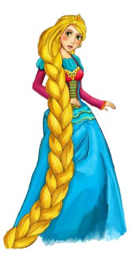 Beyaz arka planda güzel prensesin olduğu çizgi film sahnesi - çocuklar için illüstrasyon