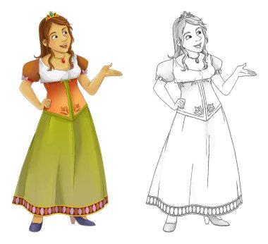 Beyaz arka planda prensesin olduğu karikatür sahnesi - çocuklar için illüstrasyon