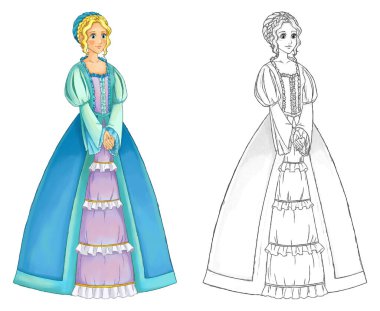 Beyaz arka planda prensesin olduğu karikatür sahnesi - çocuklar için illüstrasyon