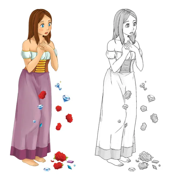 Cartoon Schets Scène Met Prinses Witte Achtergrond Illustratie Voor Kinderen — Stockfoto