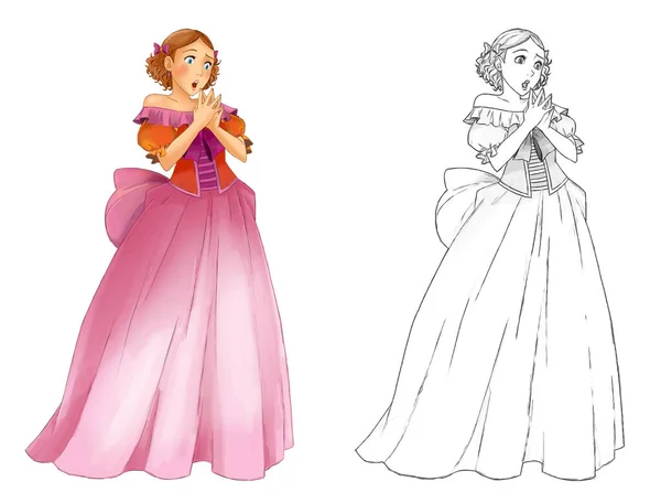 Escena Dibujos Animados Con Princesa Sobre Fondo Blanco Ilustración Para — Foto de Stock