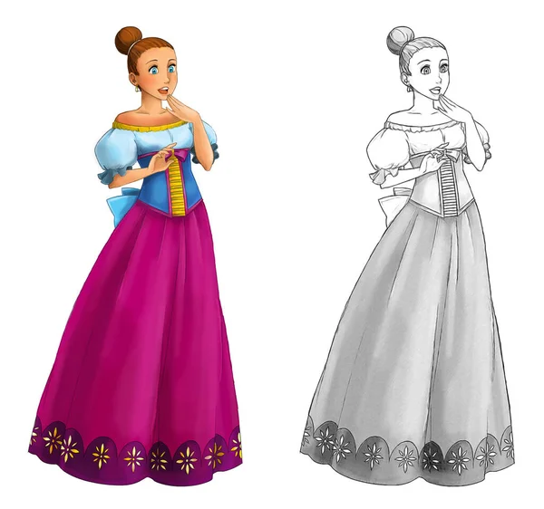Cartoon Schets Scène Met Prinses Witte Achtergrond Illustratie Voor Kinderen — Stockfoto