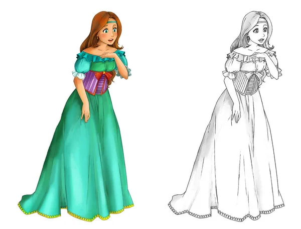 Escena Dibujos Animados Con Princesa Sobre Fondo Blanco Ilustración Para — Foto de Stock
