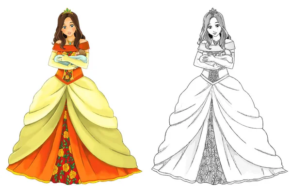 Escena Dibujos Animados Con Princesa Sobre Fondo Blanco Ilustración Para —  Fotos de Stock