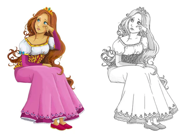 Cartoon Sketch Szene Mit Prinzessin Auf Weißem Hintergrund Illustration Für — Stockfoto