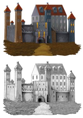 cartoon scene with medieval castle on white background illustration for children
