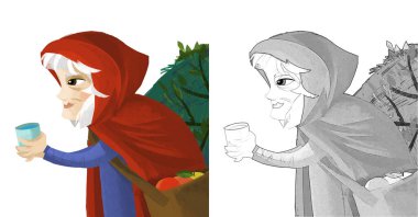 Çocuklar için beyaz arkaplanlı cadı resimli çizgi film sahnesi