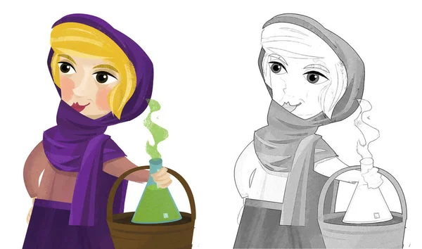 Cartoon Scene Witch Herbalist Queen Doing Magic Illustration Children — Stock Photo, Image