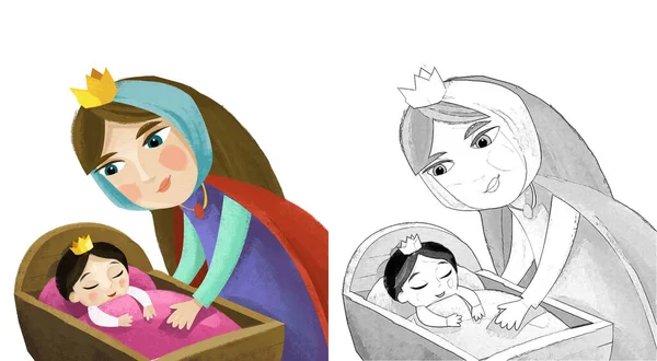 Cartoon Szene Mit Säugling Und Mutter Holzwiege Auf Weißem Hintergrund — Stockfoto