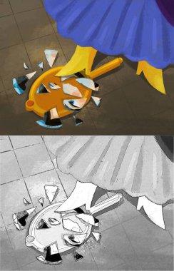 Çizgi film sahnesinde çocuklar için izole edilmiş kırık ayna üzerinde ayak izleri var.