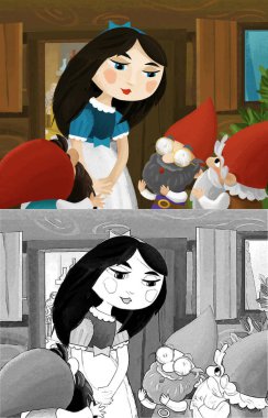 cartoon scene with young princess and dwarfs near the house illustration for children