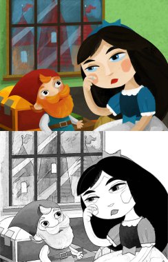 Çocuklar için kaledeki resimde kraliçe ya da prensesle karikatür sahnesi