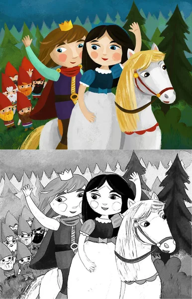 Cartoon Scene Prince Princess Horse Forest Illustration Children — Stock Photo, Image