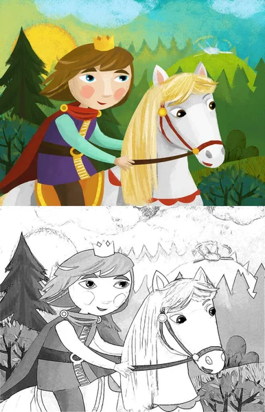 Çocuklar Için Ormanda Prens Ile Atın Üstünde Çizgi Film Sahnesi — Stok fotoğraf