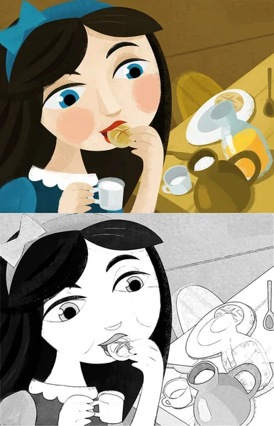 cartoon scene with young princess eating in the room illustration for children