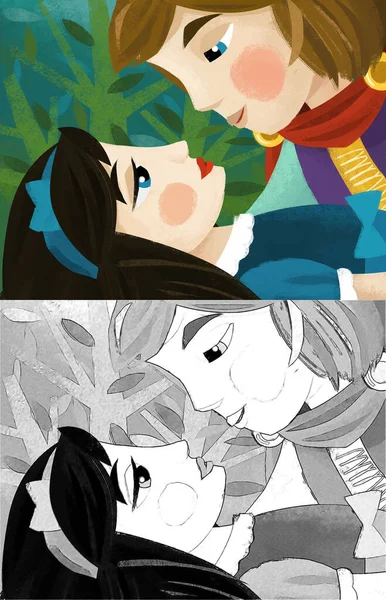 cartoon scene with prince and princess kissing illustration for children