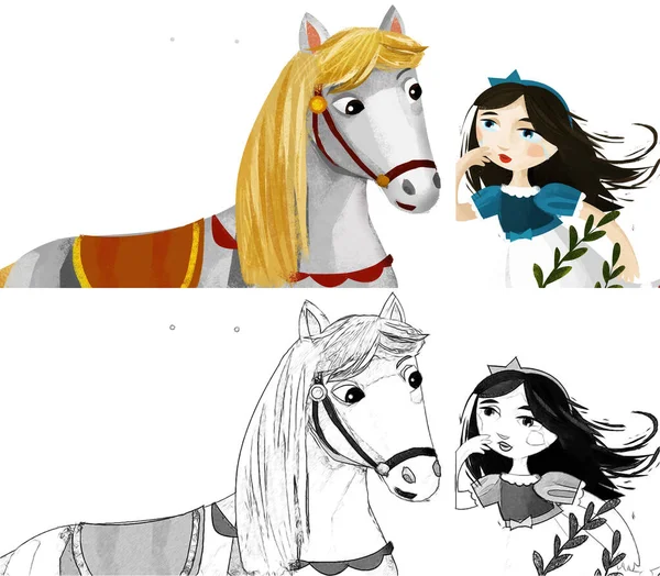 cartoon scene with princess queen with her friend horse illustration for children