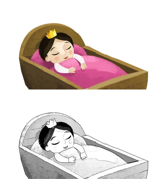 cartoon scene with infant baby in wooden cradle on white background illustration for children