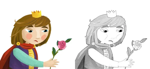 cartoon scene with prince king holding rose flower illustration for children