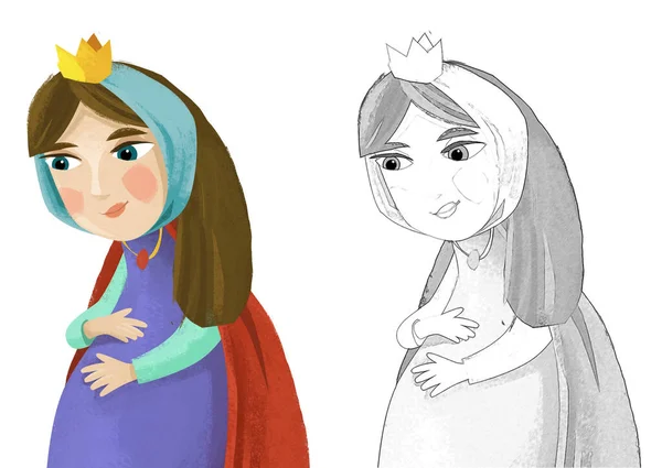 cartoon scene with pregnant princess queen on white background illustration for children