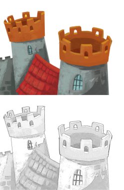 Çocuklar için orman illüstrasyonunun yakınında güzel bir şatosu olan karikatür doğa sahnesi