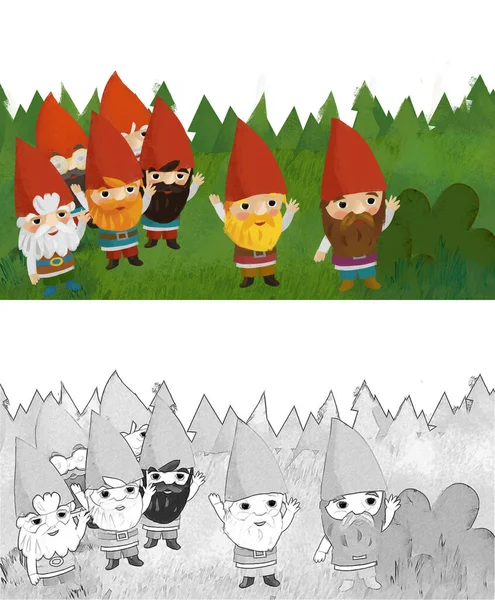Cena Dos Desenhos Animados Com Anões Prado Floresta Ilustração Para — Fotografia de Stock