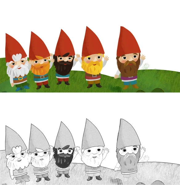 Cartoon Scene Met Dwergen Het Bos Weide Illustratie Voor Kinderen — Stockfoto