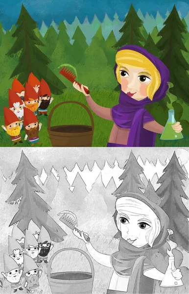 Cartoon Szene Mit Hexenkönigin Verkleidet Als Alte Frau Illustration Für — Stockfoto