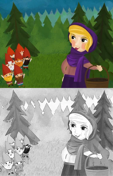 Cartoon Scene Witch Sorceress Queen Disguised Old Woman Illustration Children — Foto de Stock