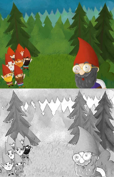 Cartoon Scene Dwarfs Forest Illustration Children — Foto de Stock