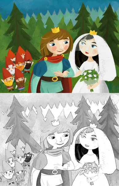 Cartoon Scene Prince Princess Newlyweds Some Dwarfs Illustration Children — Foto de Stock