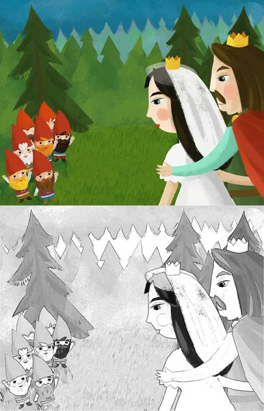 Cartoon Scene Prince Princess Newlyweds Some Dwarfs Illustration Children — Foto de Stock