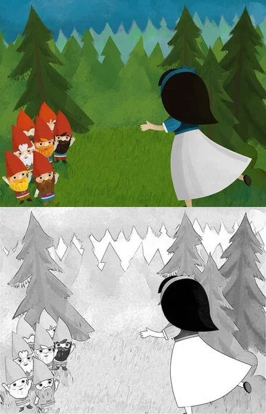 Cena Dos Desenhos Animados Com Princesa Floresta Perto Alguns Anões — Fotografia de Stock