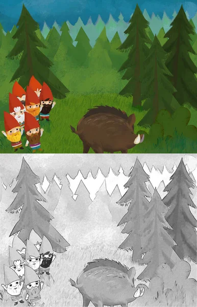 Cartoon Scene Animals Dwarfs Forest Illustration Children — Stock Photo, Image