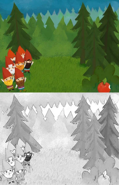 Cartoon Scene Dwarfs Forest Illustration Children — Stock Photo, Image