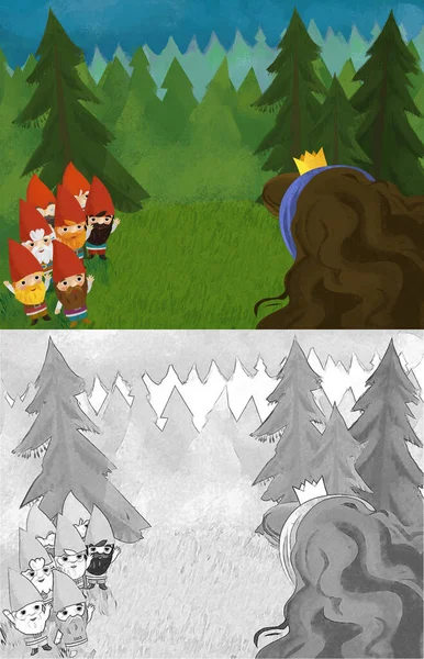 cartoon scene with princess in the forest near some dwarfs illustration for children