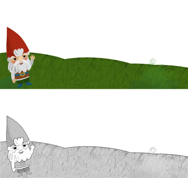 cartoon scene with dwarfs in the forest with frame for text illustration for children