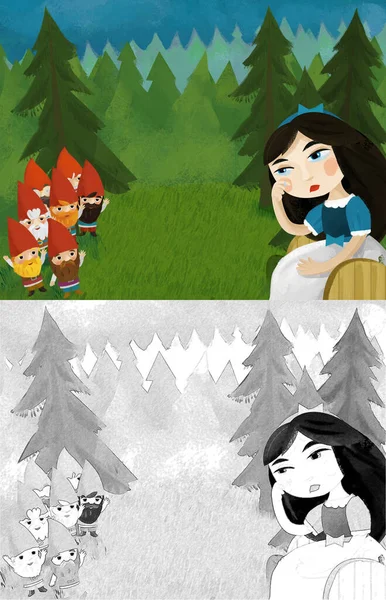 Cartoon Scene Princess Forest Some Dwarfs Illustration Children — Foto de Stock