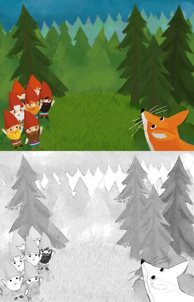 Rajzfilm Jelenet Állatok Törpék Erdőben Illusztráció Gyerekeknek — Stock Fotó