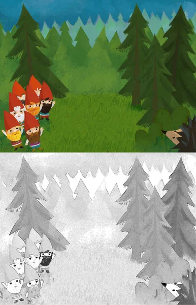 Cartoon Scene Animals Dwarfs Forest Illustration Children — Stock Photo, Image