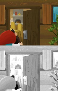 Prenses ve cücelerin çocuklar için resim çizdiği karikatür sahnesi