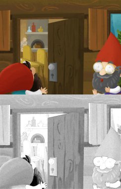 Prenses ve cücelerin çocuklar için resim çizdiği karikatür sahnesi