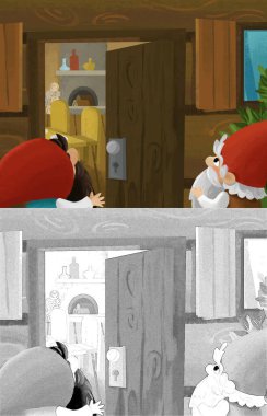 Prenses ve cücelerin çocuklar için resim çizdiği karikatür sahnesi