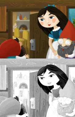 Prenses ve cücelerin çocuklar için resim çizdiği karikatür sahnesi