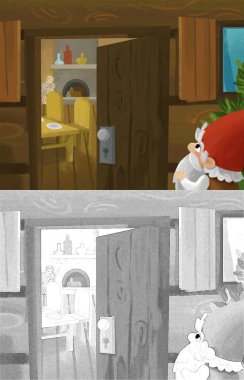 Prenses ve cücelerin çocuklar için resim çizdiği karikatür sahnesi