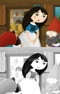 Prenses ve cücelerin çocuklar için resim çizdiği karikatür sahnesi